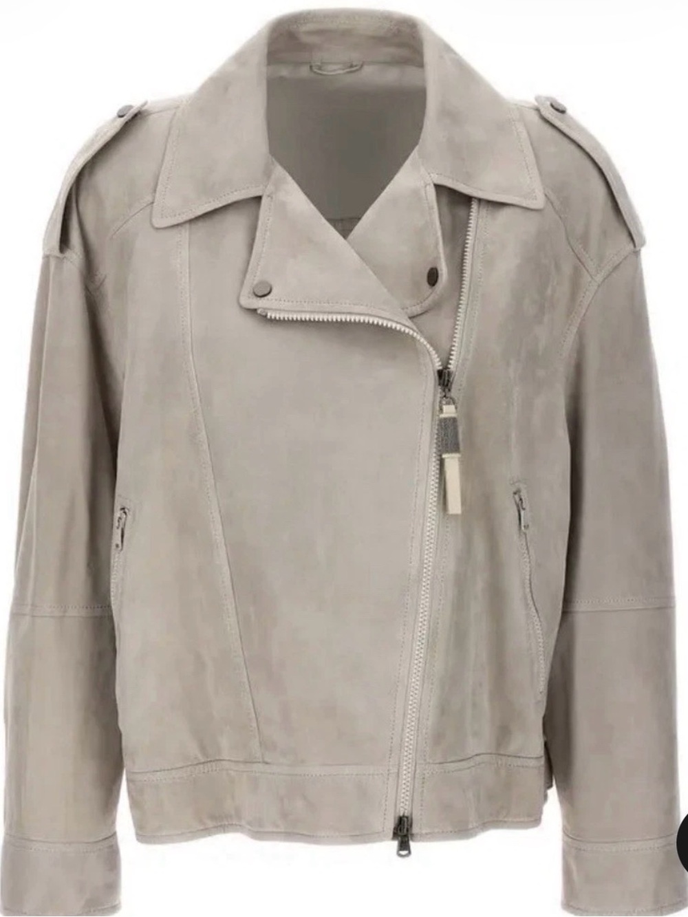 Brunello Cucinelli Light Gray Suede Moto Jacket - Women 48/L/XL